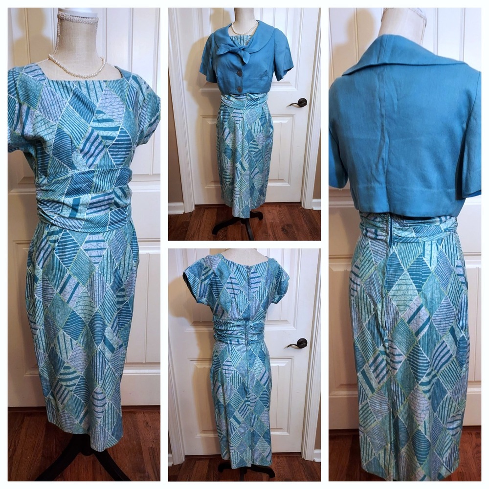 Vintage Colonial Miss Teal Geometric Dress and Jacket‎ Set MCM 1950s 60s Size 12